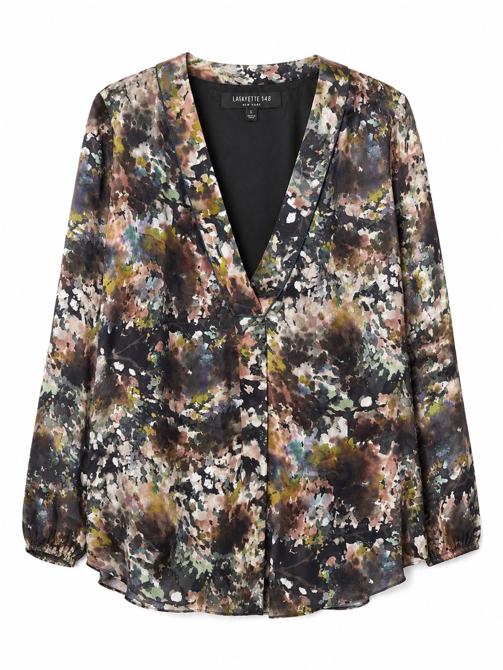 Lafayette 148 Newโ York 100% Silk Blouse L Abstract Floral V-Neck Watercolor Top